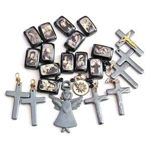 Religious Bead Lot for Jewelry Making, Christian Saints, Hematite Cross Beads